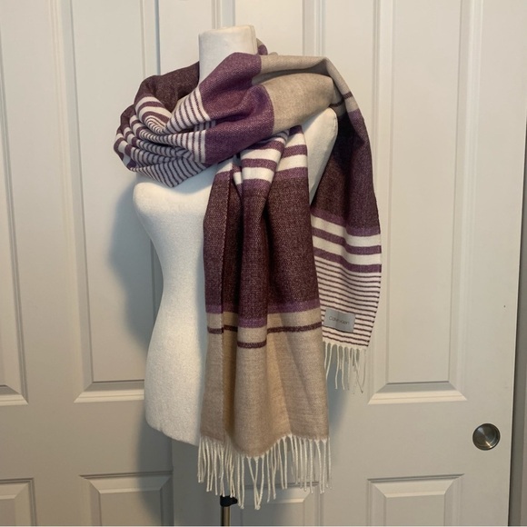 Calvin Klein CK Plum Wine Tan Stripe Oversized Scarf Blanket Shawl SOFT 78x24” - Picture 6 of 16